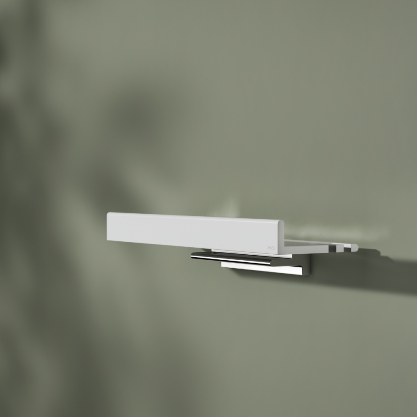 Close up product image of the Keuco Reva Matt White Shower Shelf with Glass Wiper 12859 510000